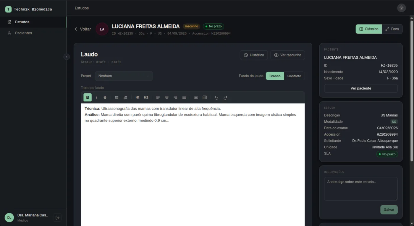 Editor de laudo com o modelo da clínica e os dados do exame preenchidos