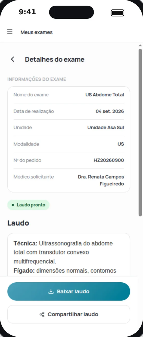 Detalhe do exame no portal, com o laudo e as opções de baixar e compartilhar